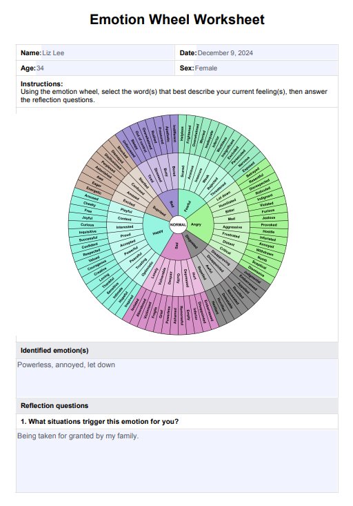 Hoja de ejercicios de rueda de emociones PDF Example