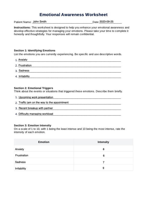 Hoja de Ejercicios de Conciencia emocional PDF Example