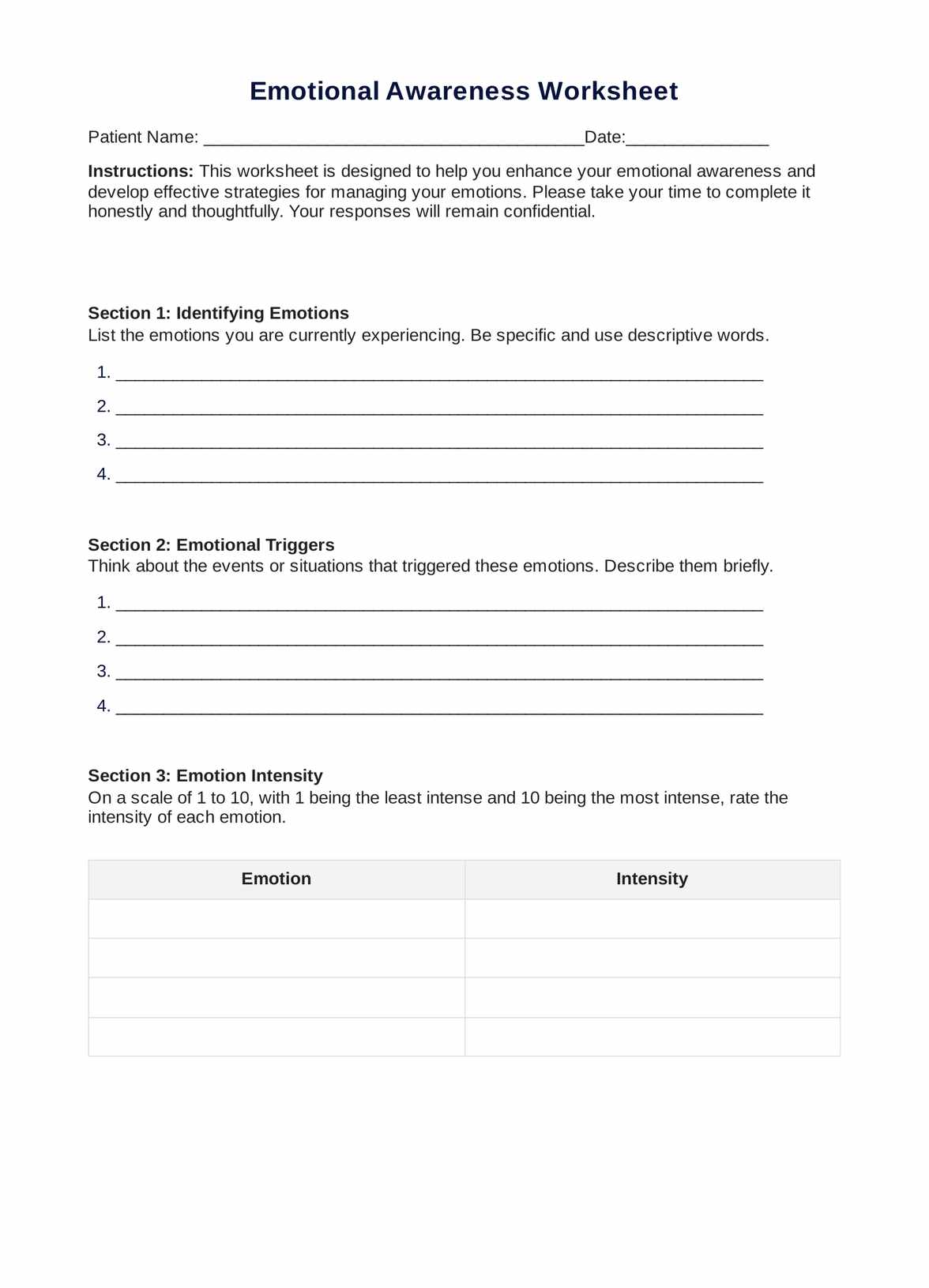 Emotional Awareness Worksheets PDF Example