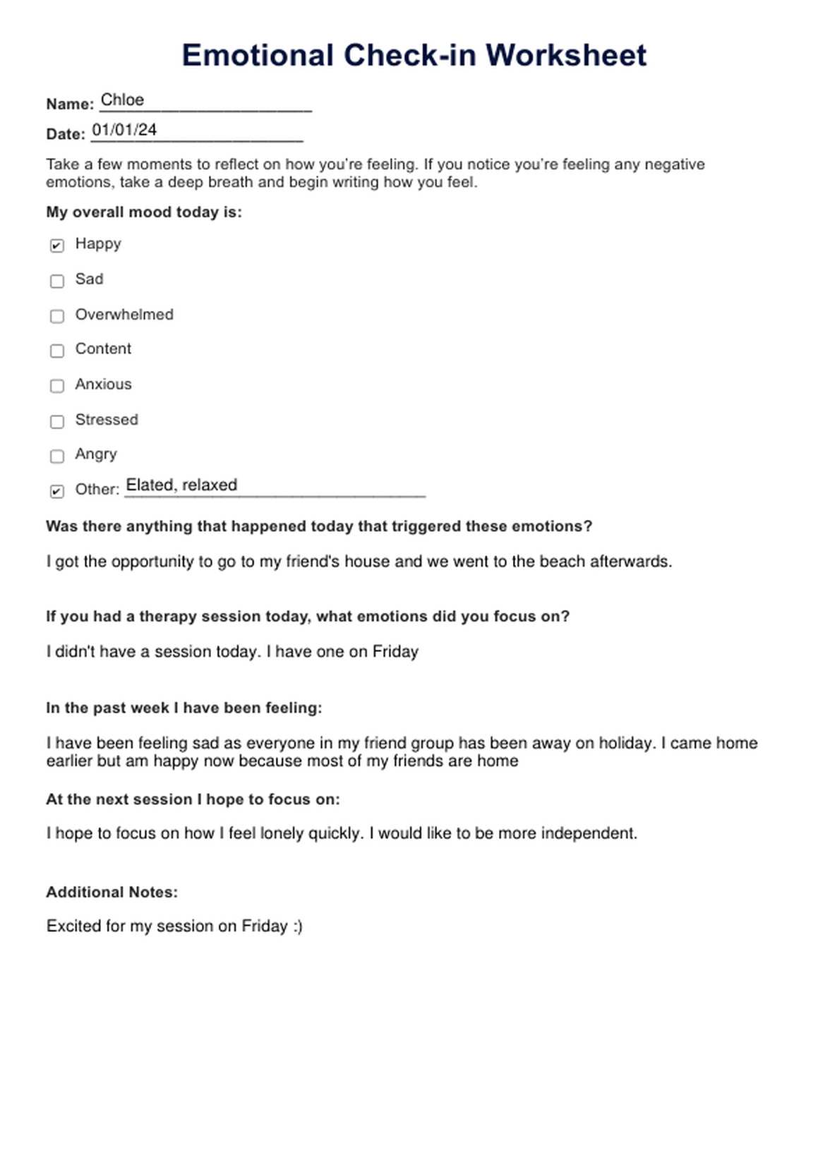 Emotional Check In Worksheet PDF Example
