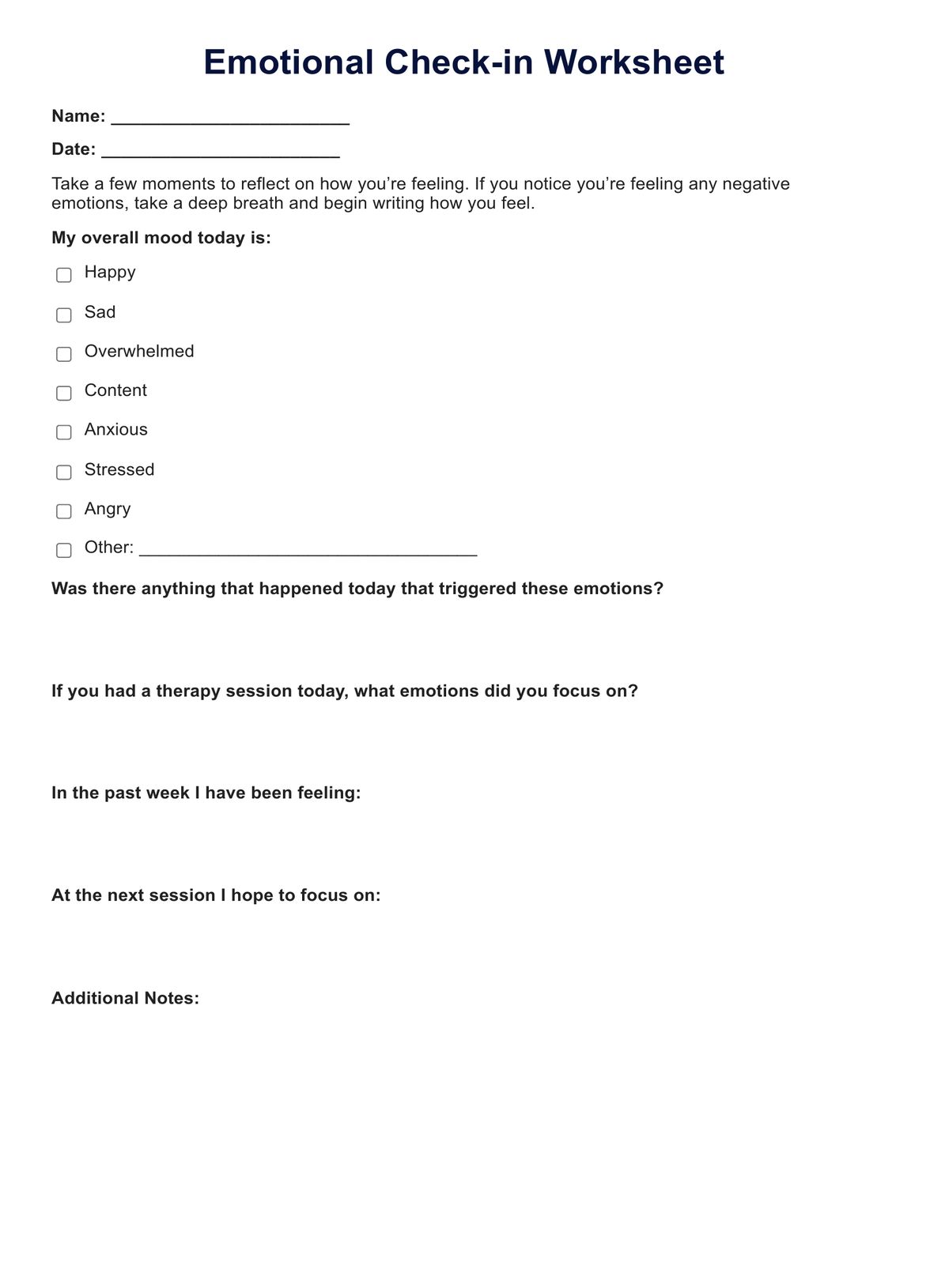 Emotional Check In Worksheet PDF Example