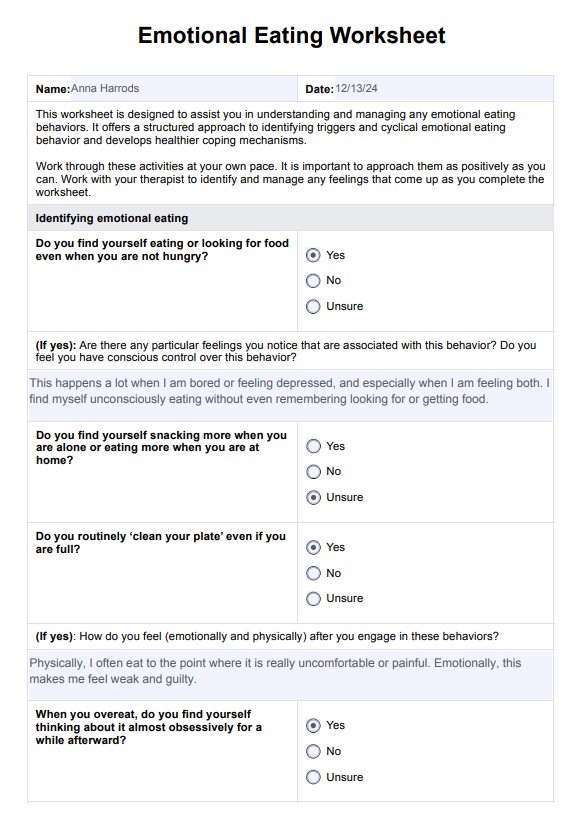 Emotional Eating Worksheets PDF Example