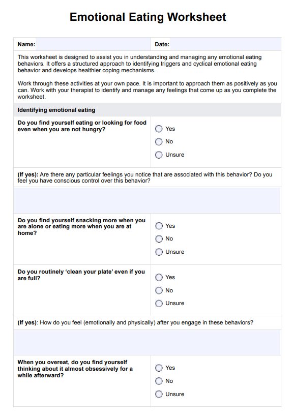 Emotional Eating Worksheets PDF Example