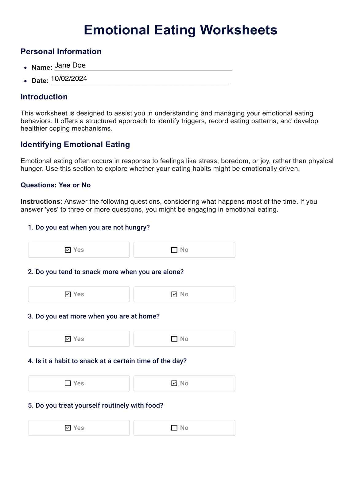 Emotional Eating Worksheets PDF Example