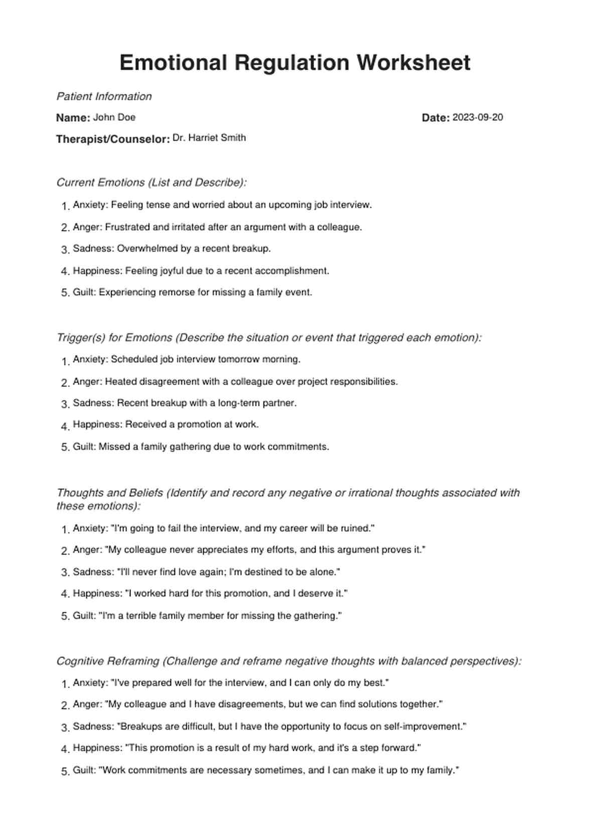 Emotional Regulation Worksheets PDF Example
