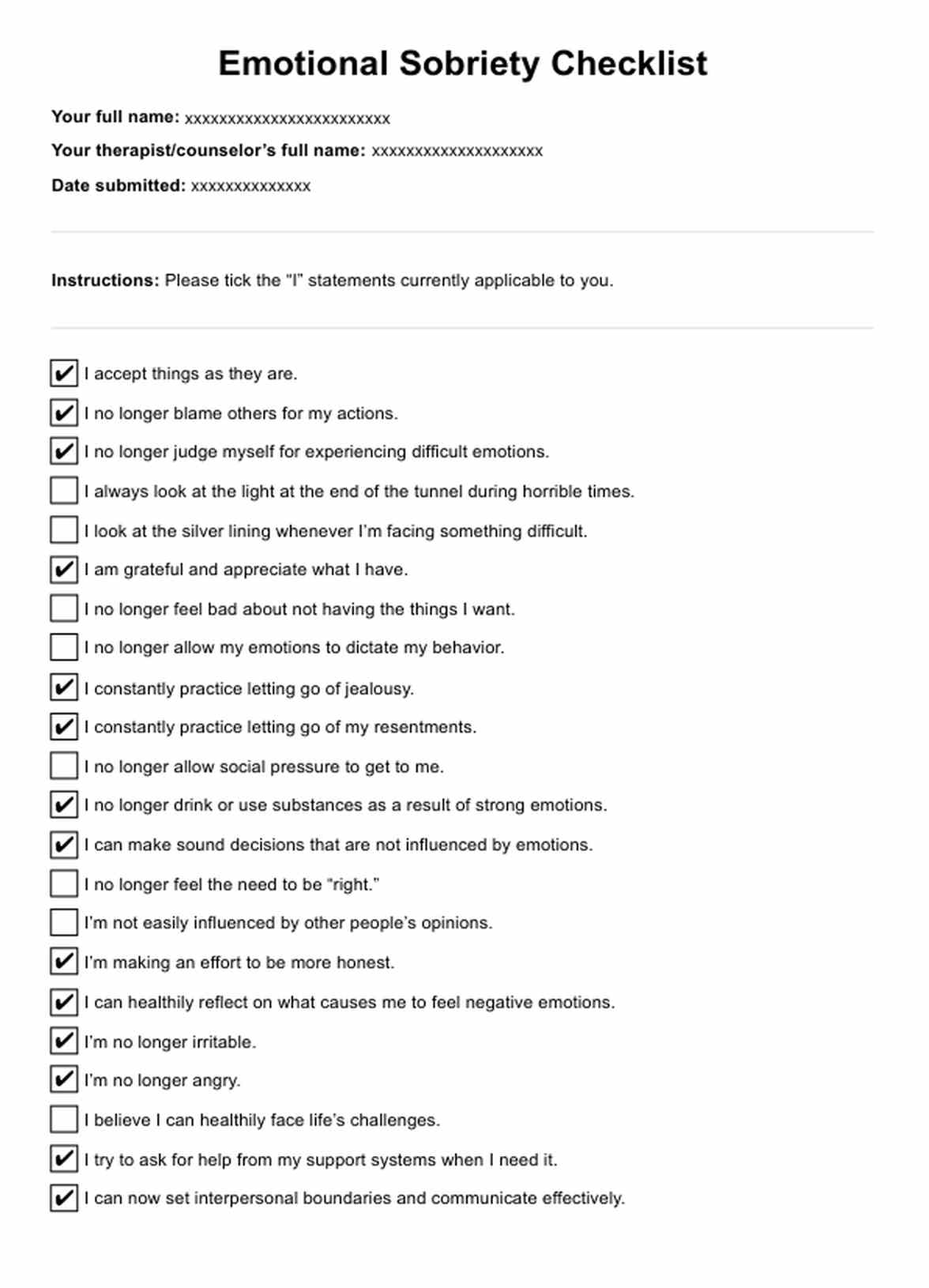 Emotional Sobriety Checklist PDF Example
