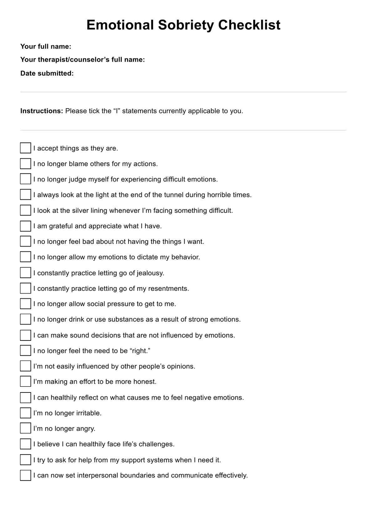 Emotional Sobriety Checklist PDF Example
