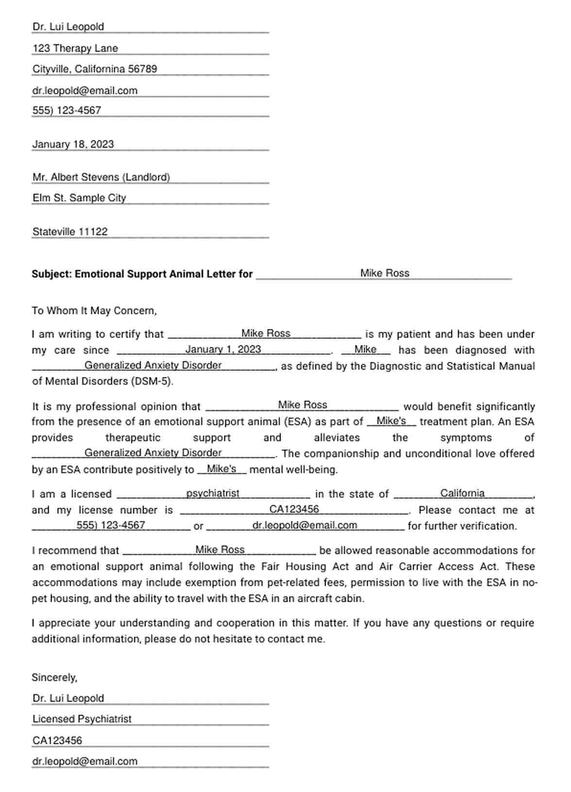 ESA Letter Arkansas PDF Example