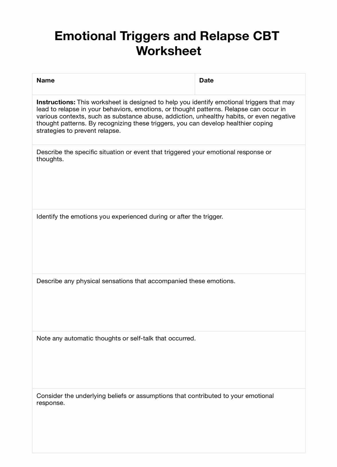 Emotional Triggers and Relapse CBT Worksheets PDF Example