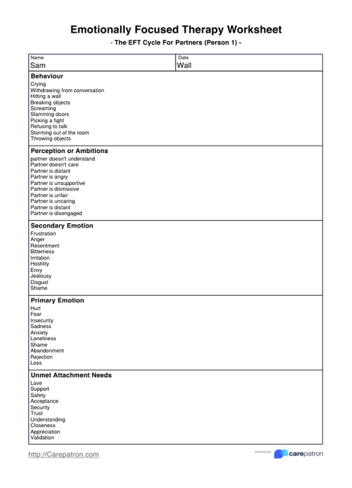 Emotionally Focused Therapy Worksheets PDF Example