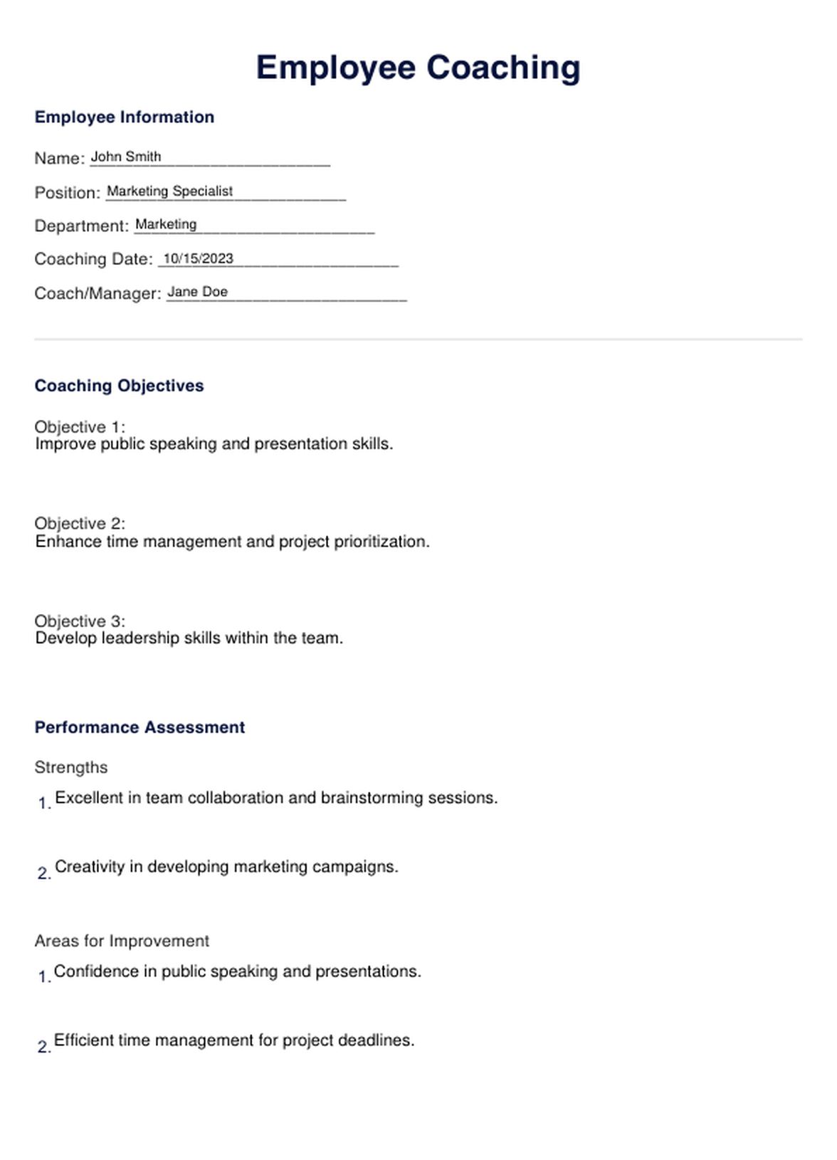 Employee Coaching Template PDF Example