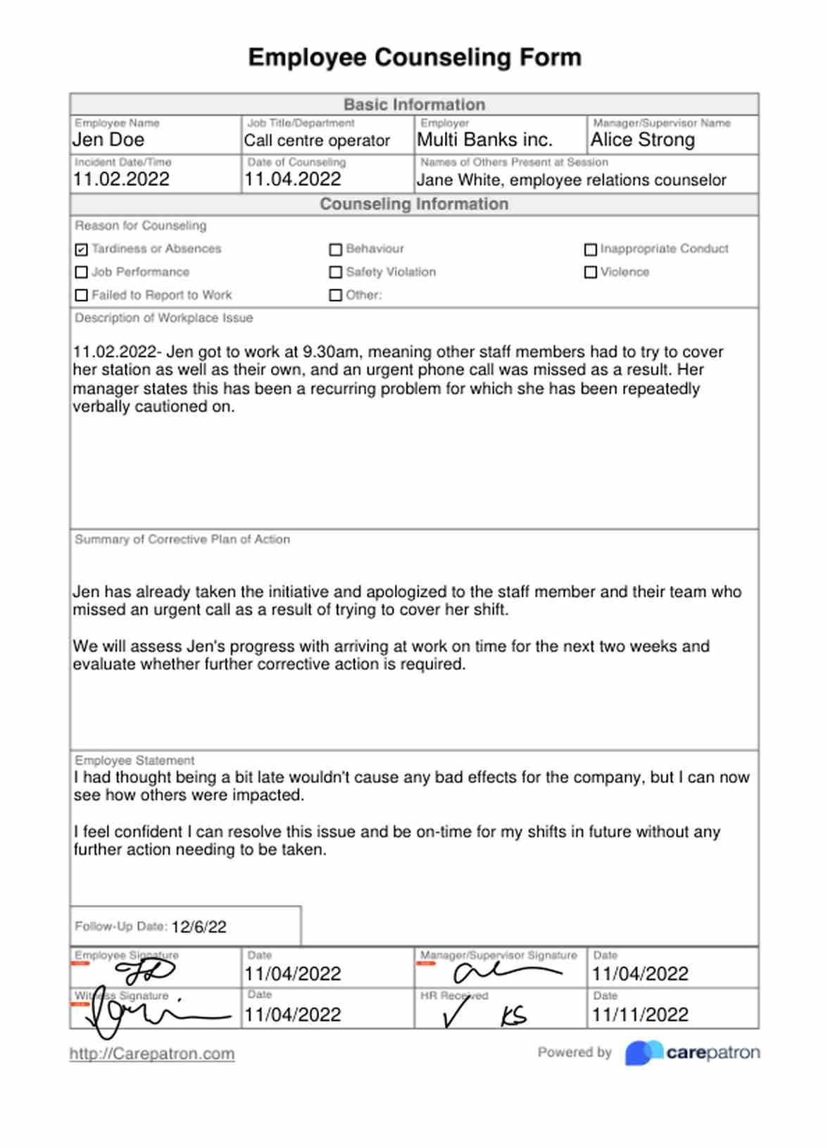 Employee Counseling Form PDF Example