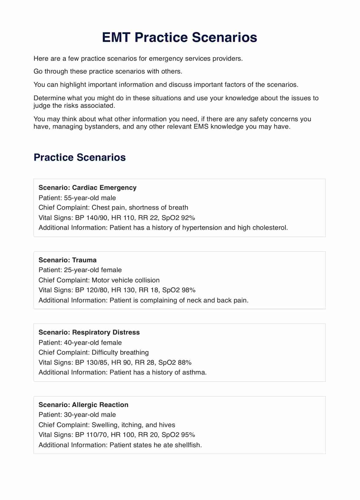 EMT Practice Scenarios PDF Example