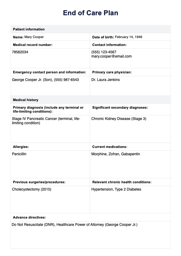 Plan de cuidado de final de la vida PDF Example