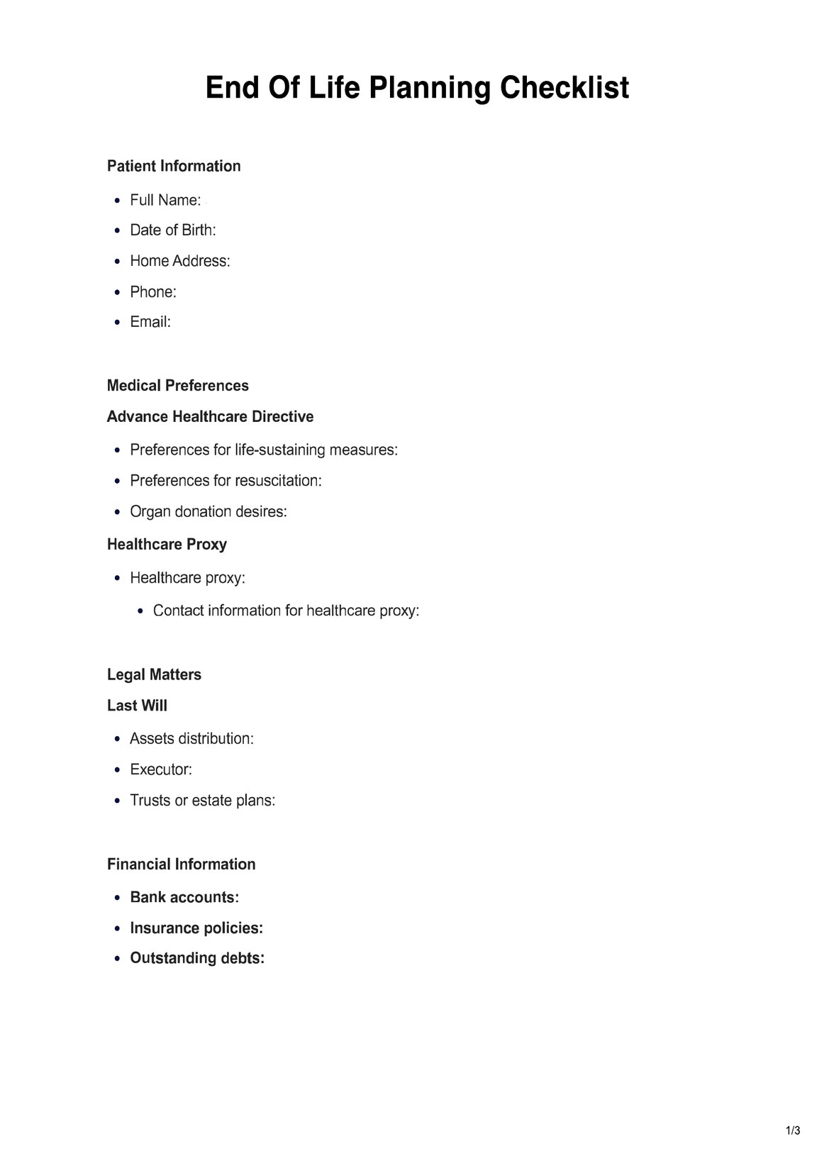 End Of Life Planning Checklist PDF Example
