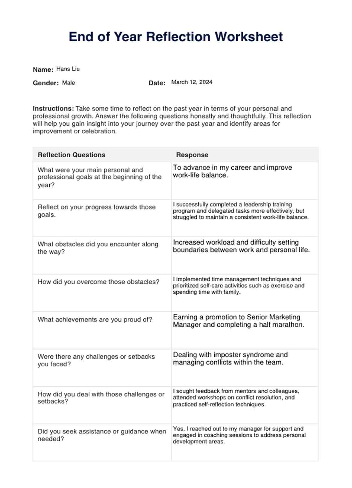 End-of-Year Reflection Worksheet PDF PDF Example