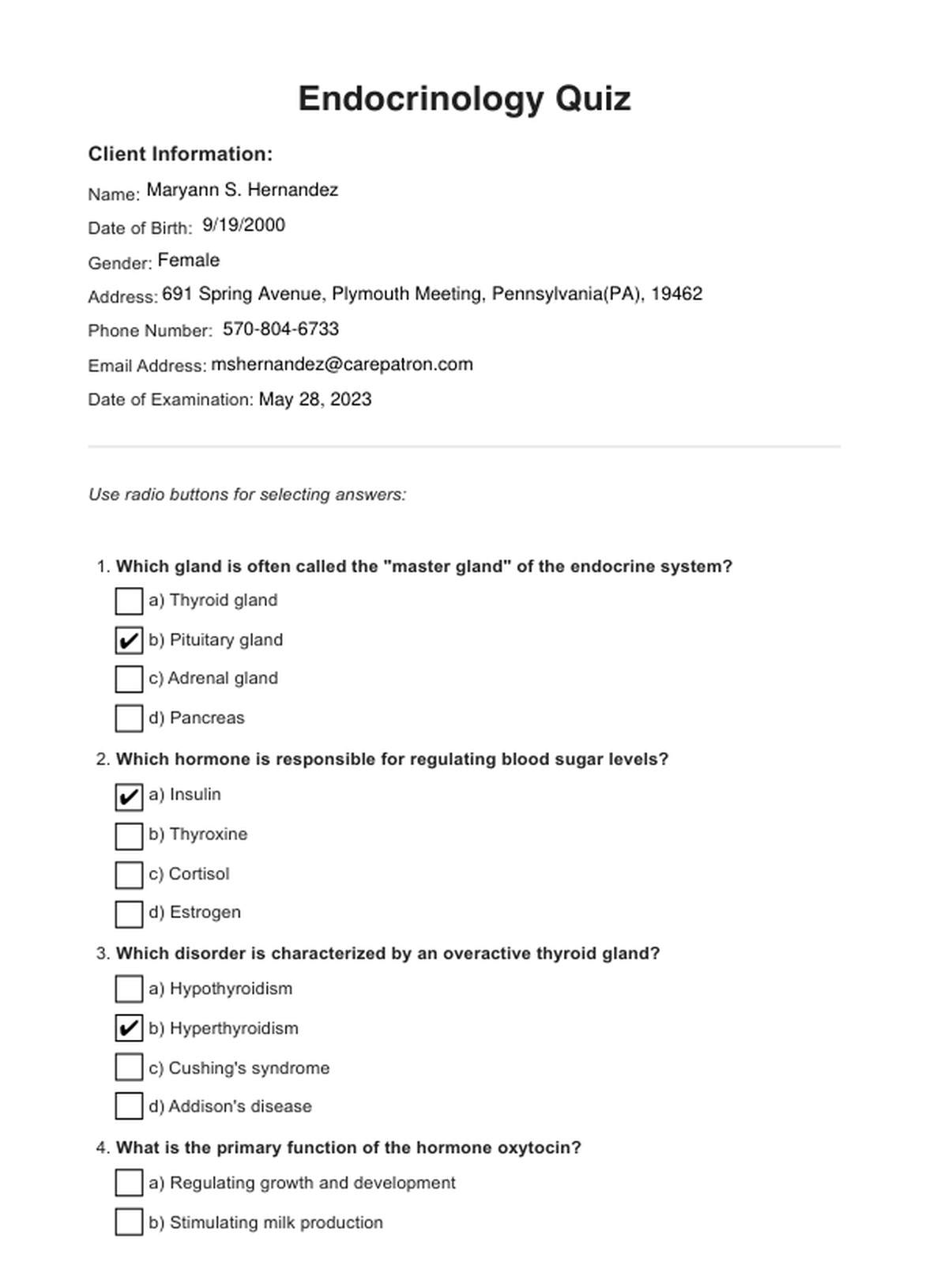 Endocrinology Quizzes PDF Example