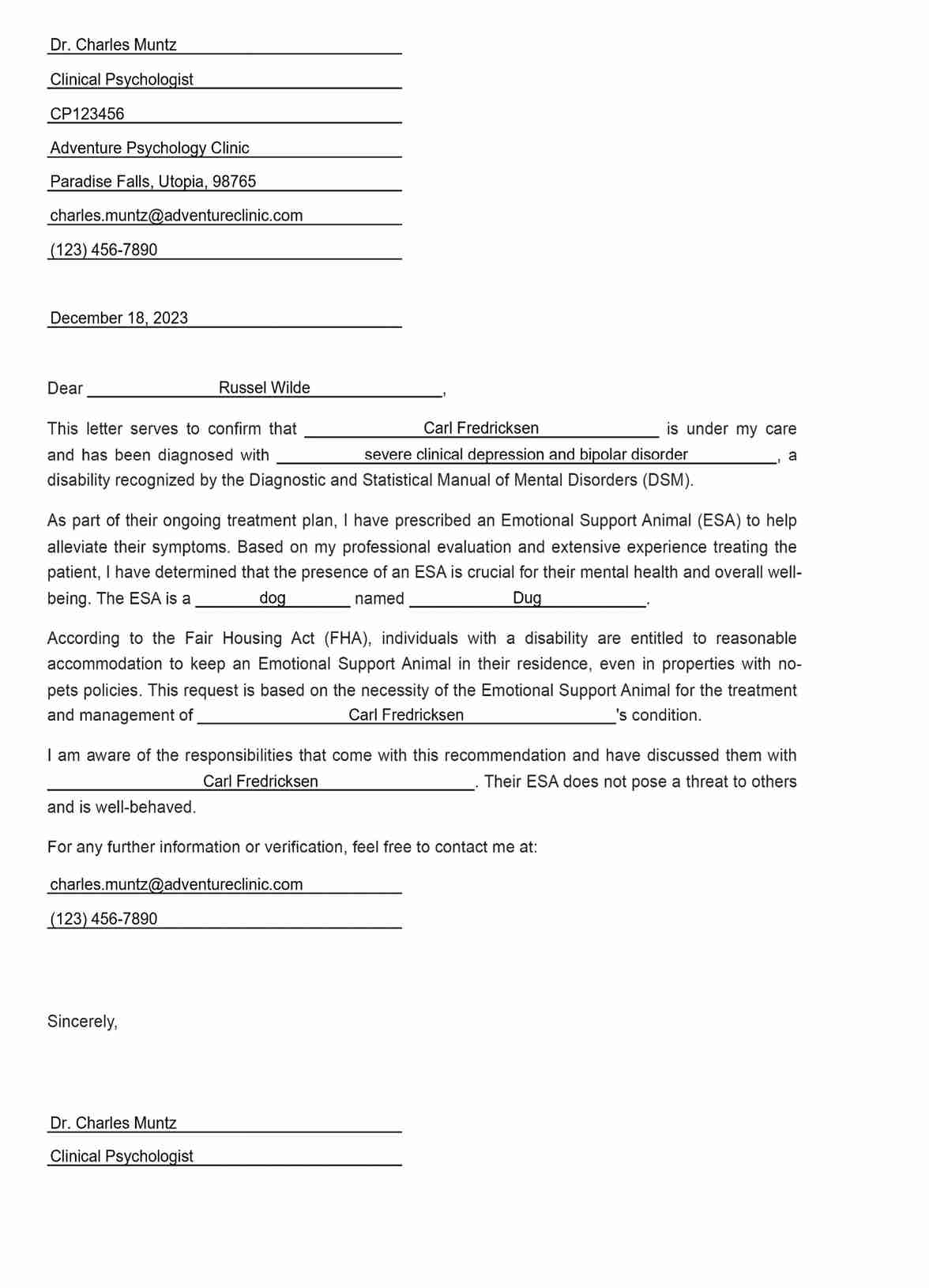 ESA letter landlord PDF Example