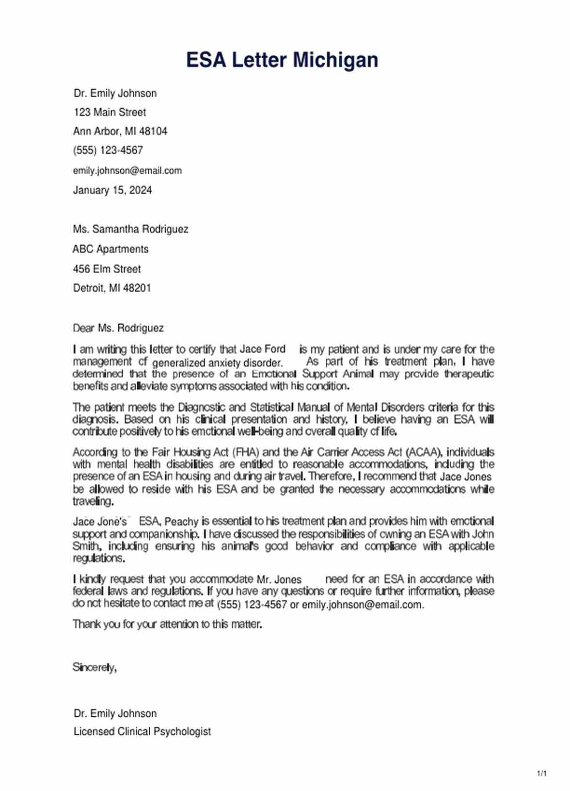 ESA Letter Michigan PDF Example