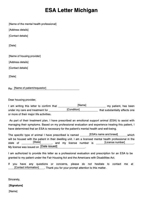 ESA Letter Michigan PDF Example