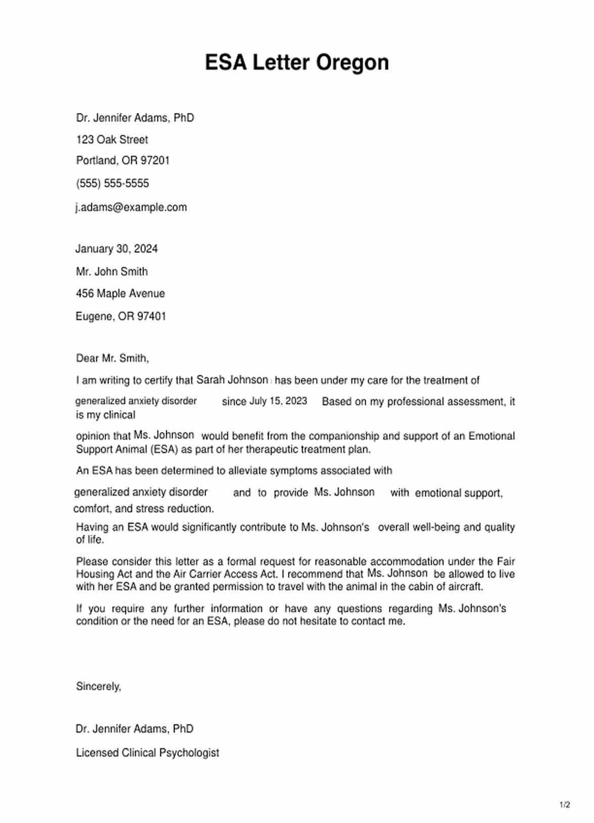 ESA Letter Oregon PDF Example