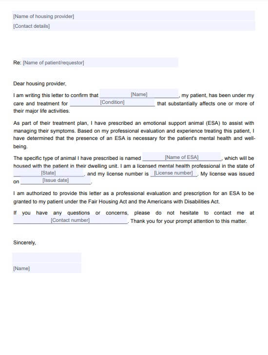 Carta para animales de apoyo emocional o animales de servicio PDF Example