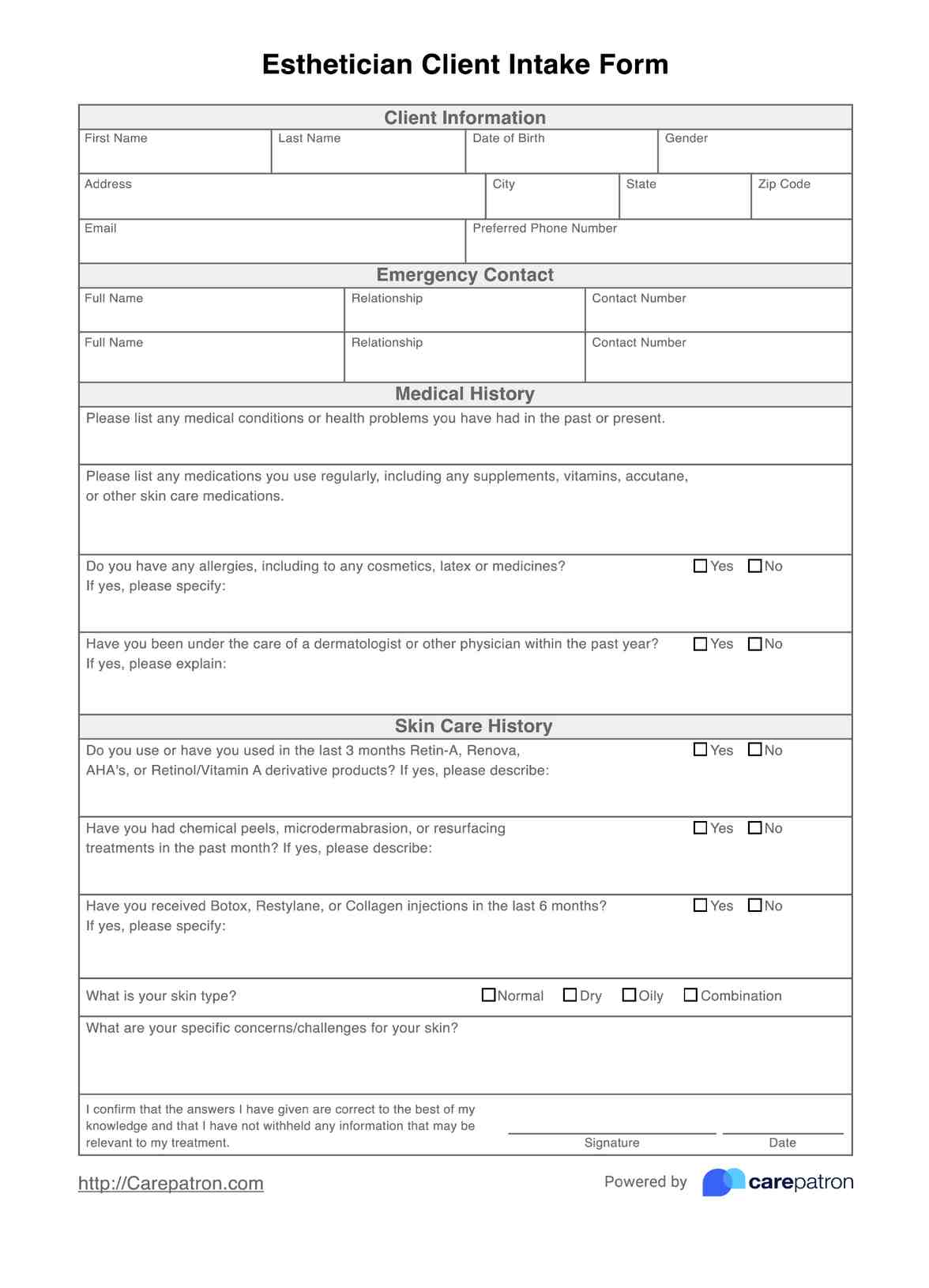 Esthetician Client Intake Form PDF Example