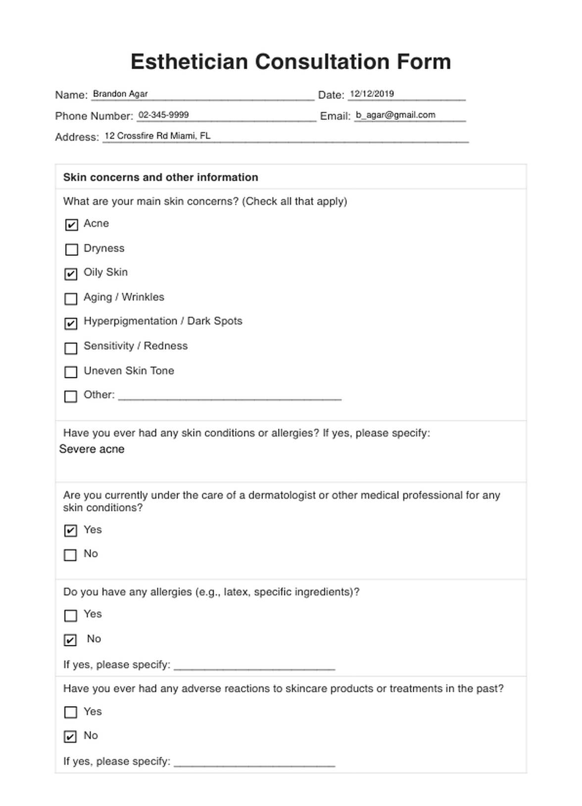 Esthetician Consultation Form PDF Example
