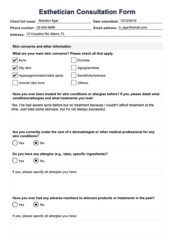 Esthetician Consultation Form PDF Example