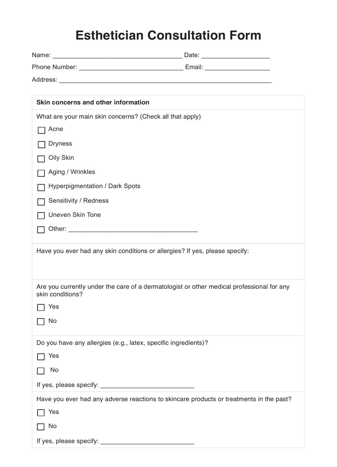 Esthetician Consultation Form PDF Example
