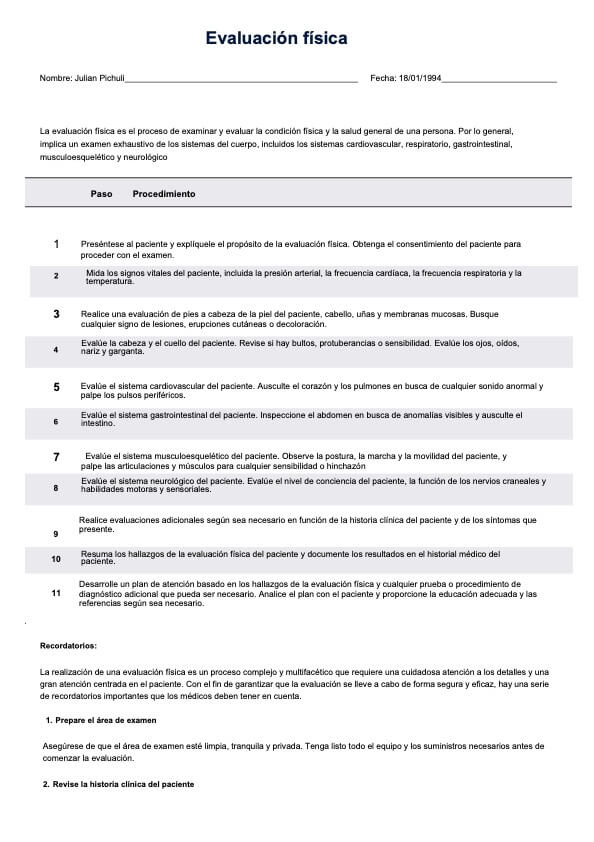 Plantilla de exploración física PDF Example