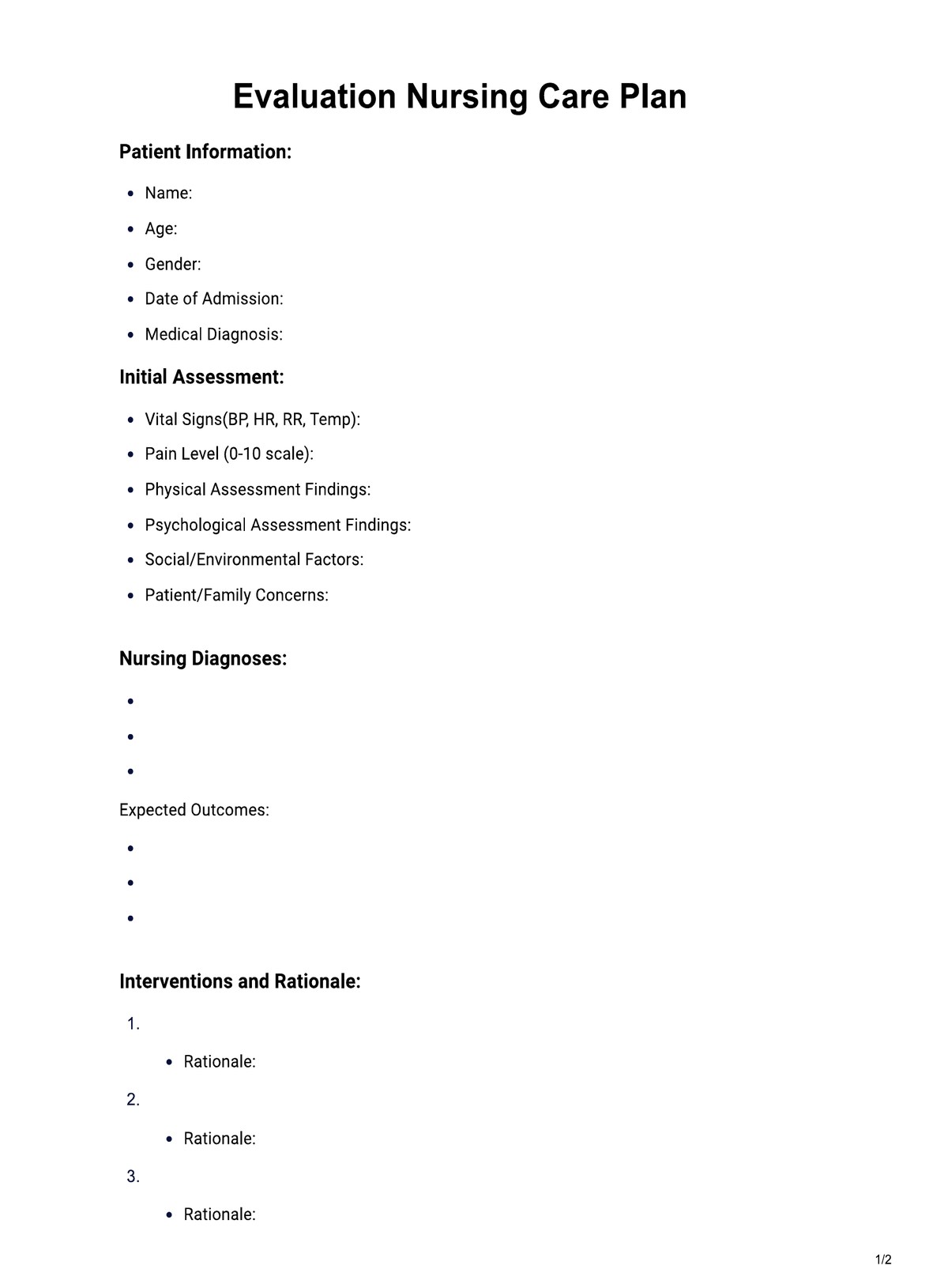 Evaluation Nursing Care Plan PDF Example