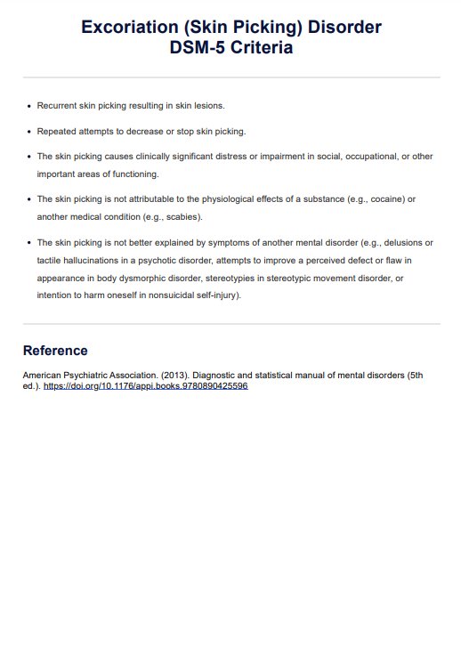 Excoriation Disorder DSM-5 Criteria PDF Example