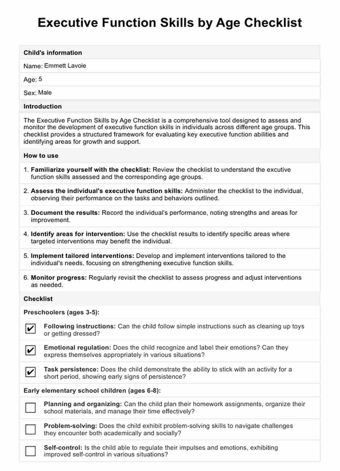 Executive Function Skills by Age Checklist PDF Example