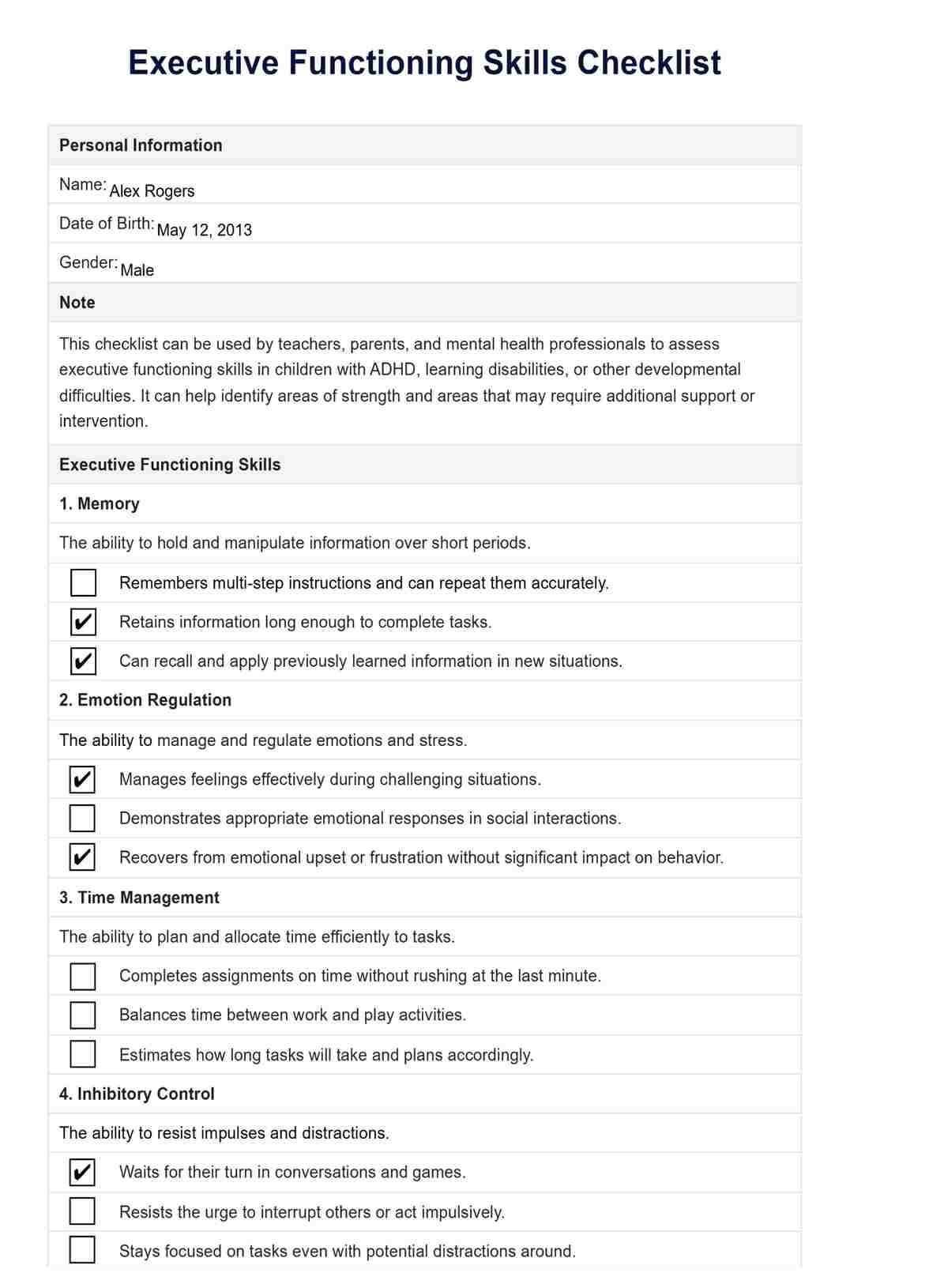 Executive Functioning Skills Checklist PDF Example