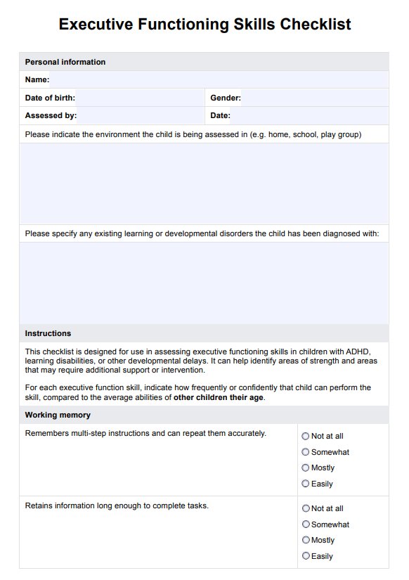 Executive Functioning Skills Checklist PDF Example