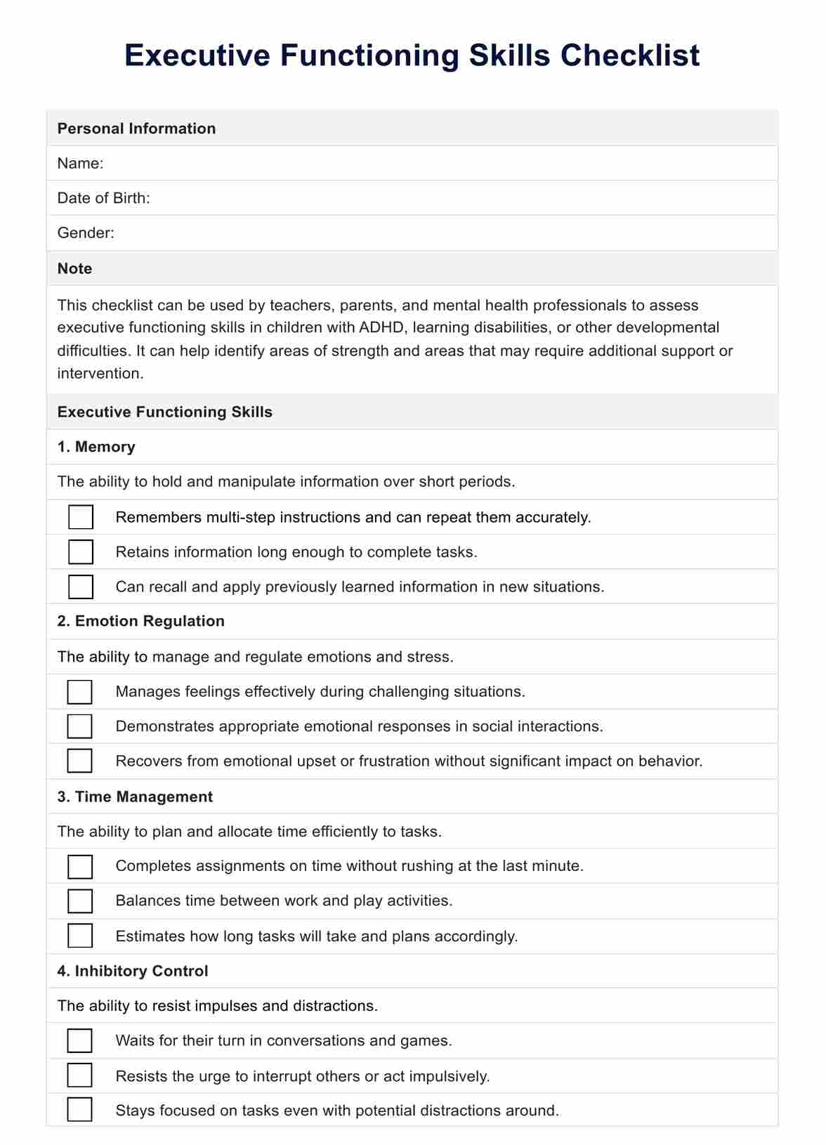 Executive Functioning Skills Checklist PDF Example