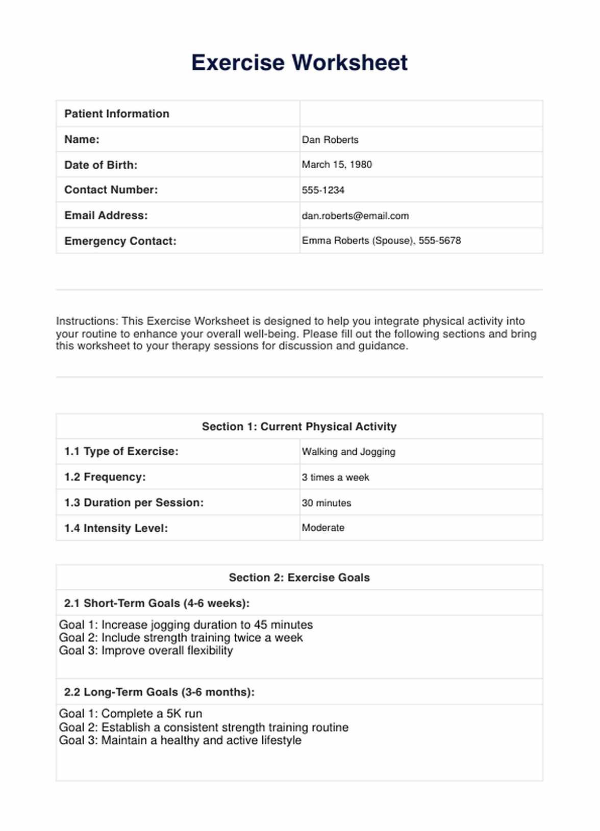 Exercise Worksheet PDF Example