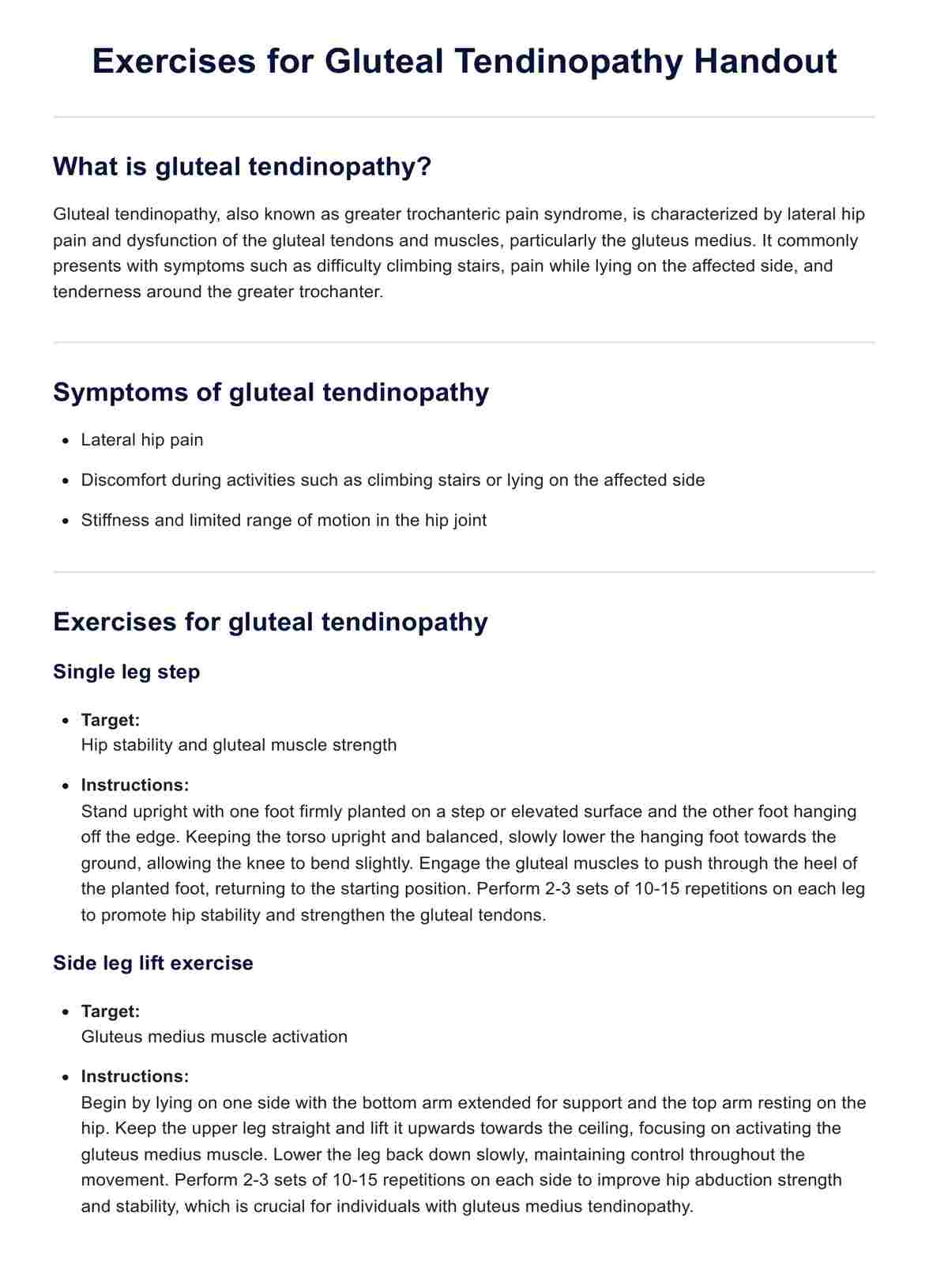 Exercises for Gluteal Tendinopathy Handout PDF Example