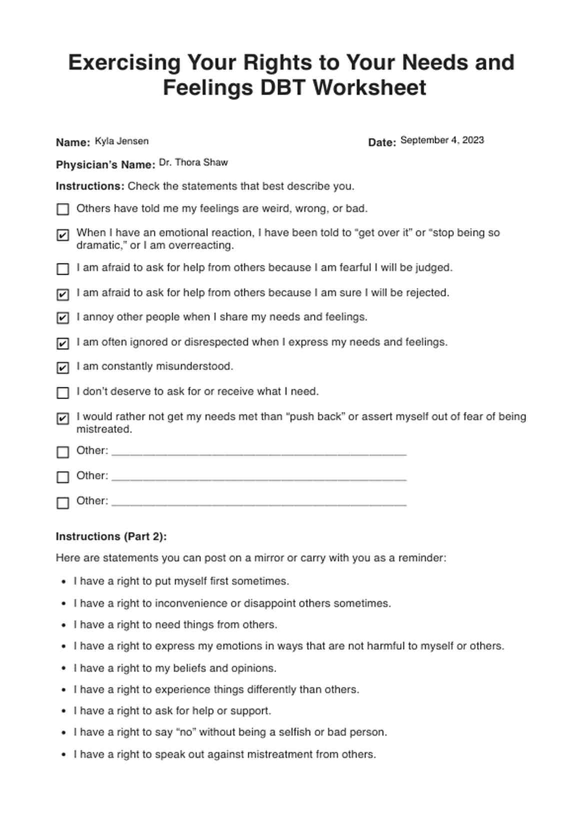 Exercising Your Rights to Your Needs and Feelings DBT Worksheet PDF Example