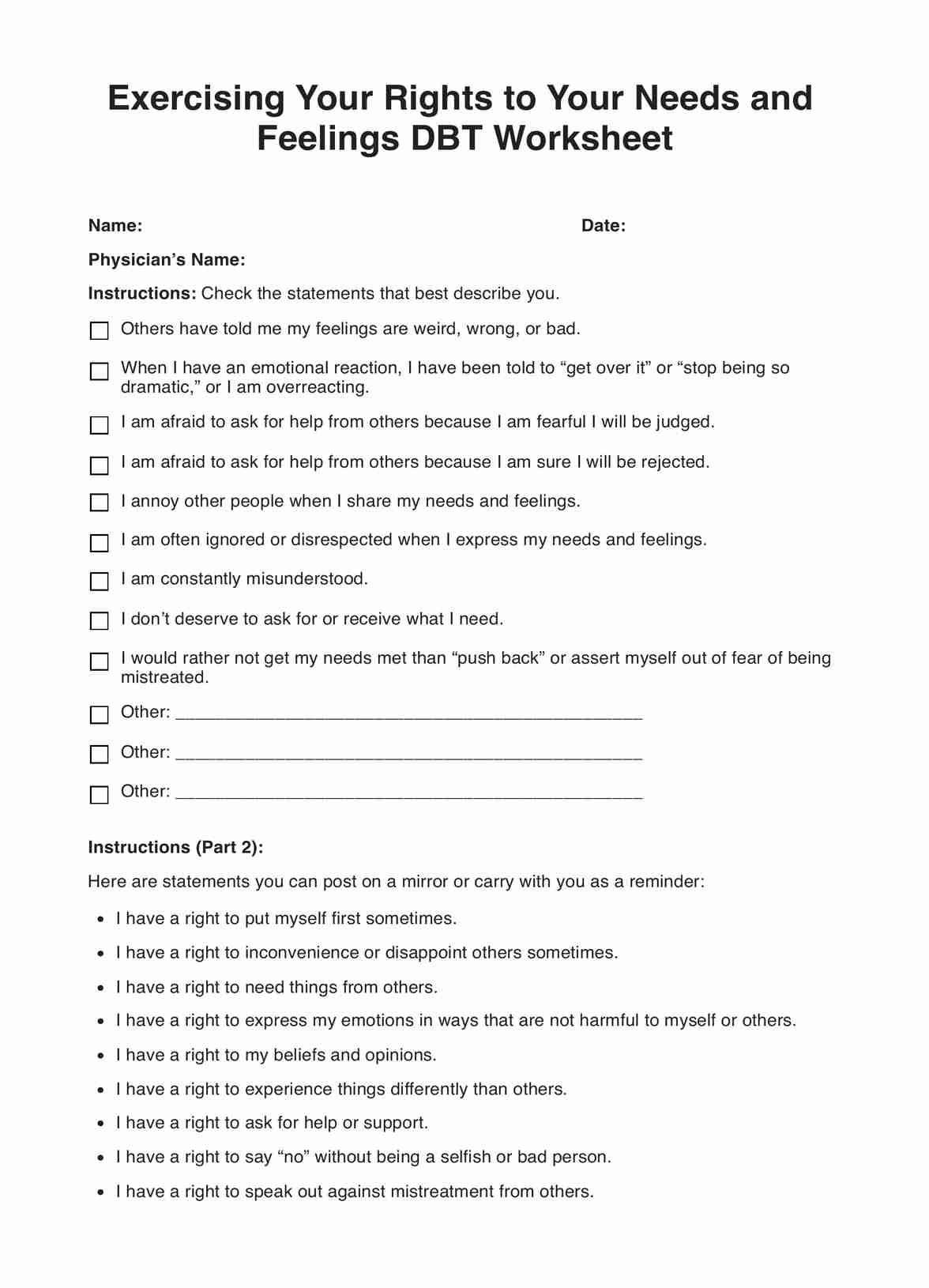 Exercising Your Rights to Your Needs and Feelings DBT Worksheet PDF Example