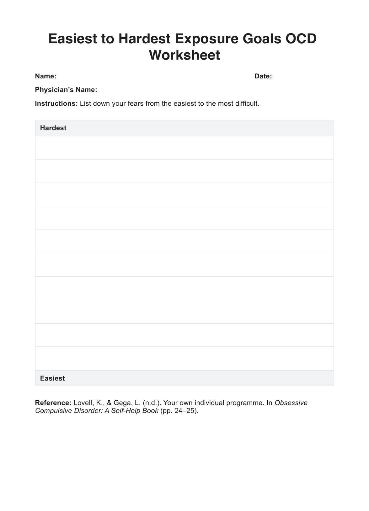 Exposure Goals OCD Worksheet PDF Example