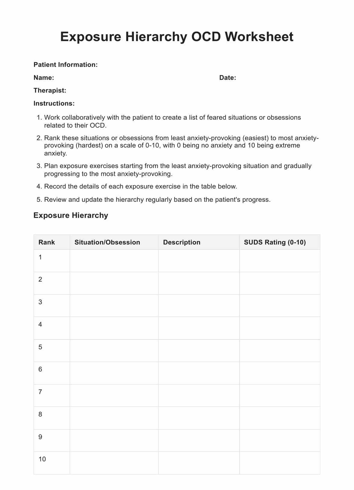 Exposure Hierarchy OCD Worksheet PDF Example