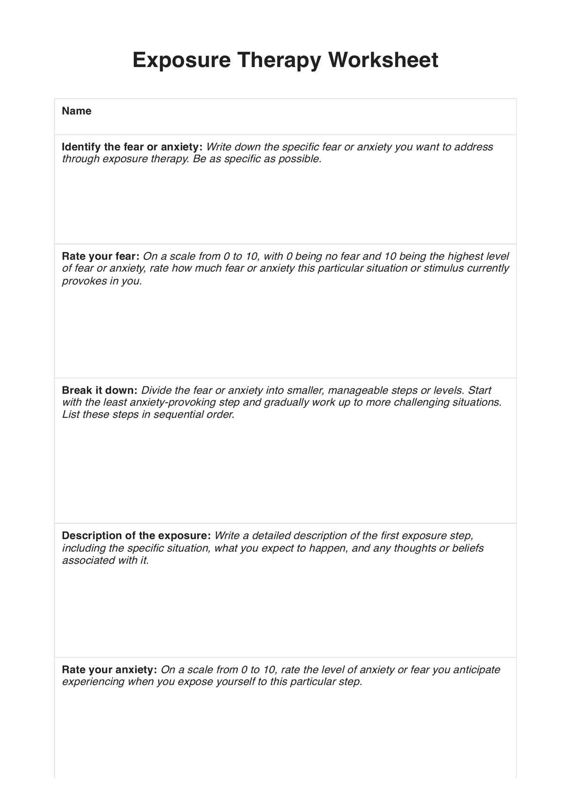 Exposure Therapy Worksheets PDF Example
