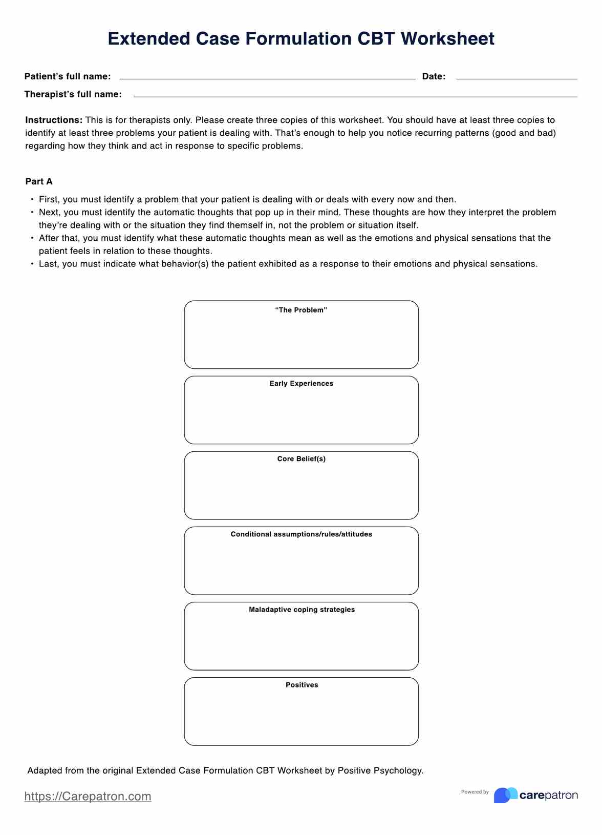 Extended Case Formulation CBT Worksheet PDF Example