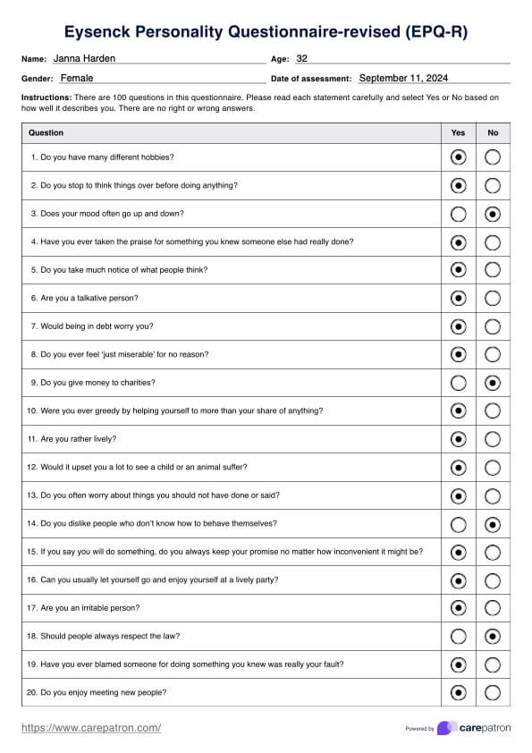 Eysenck Personality Questionnaire PDF Example