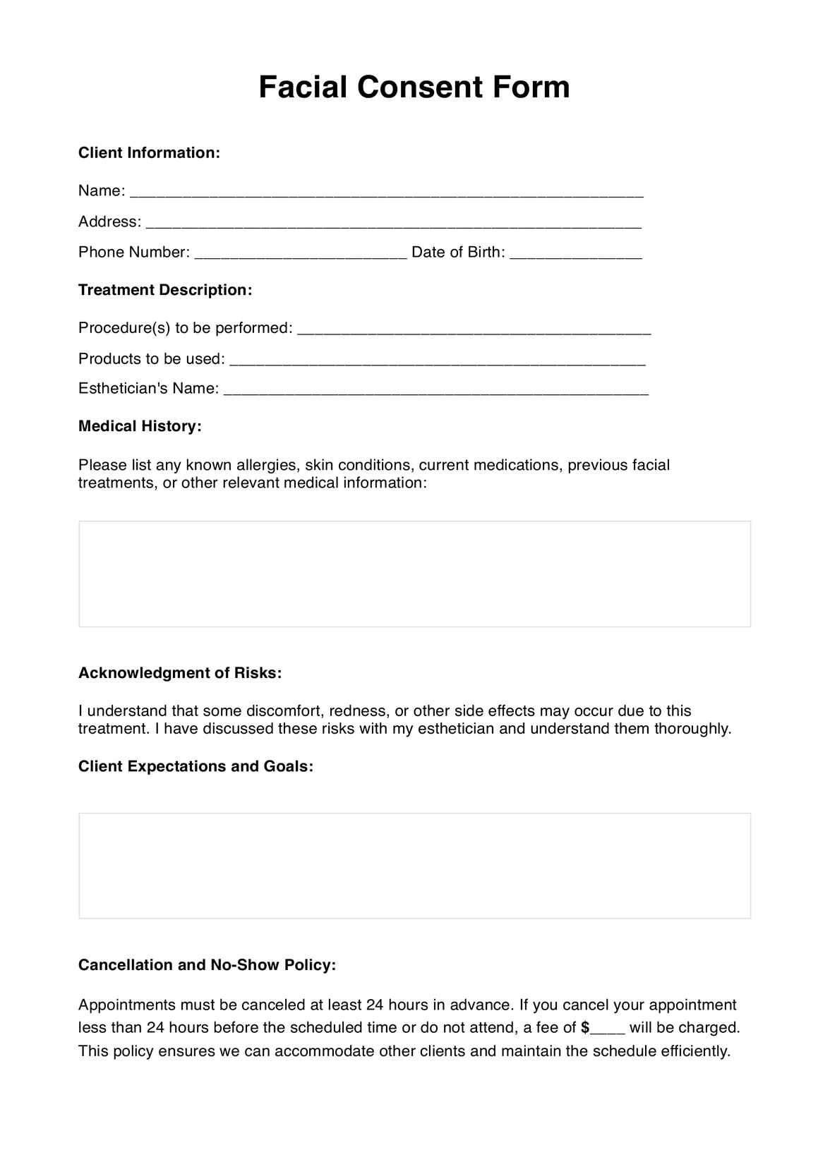 Formulario de Consentimiento para un tratamiento facial PDF Example