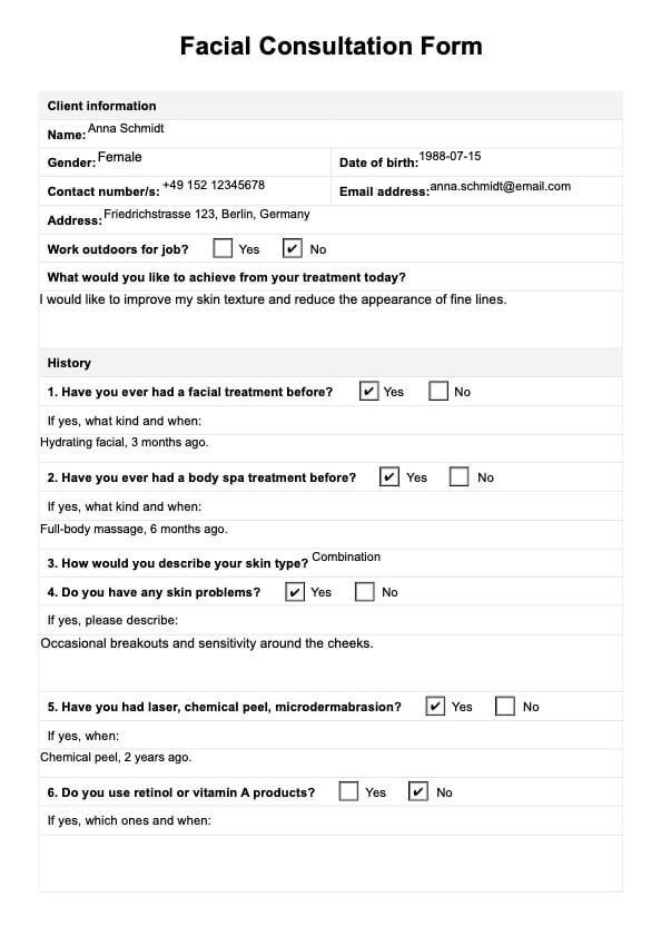 Formulario de consulta facial PDF Example