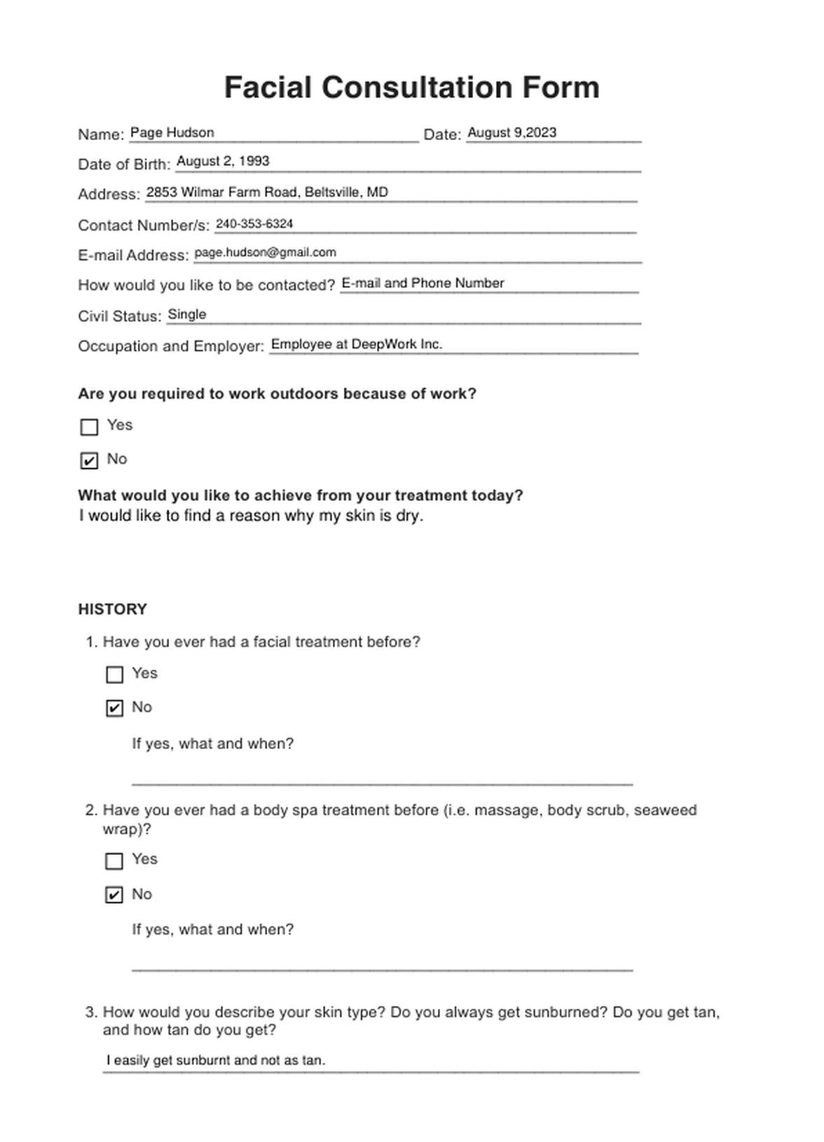 Facial Consultation Forms PDF Example