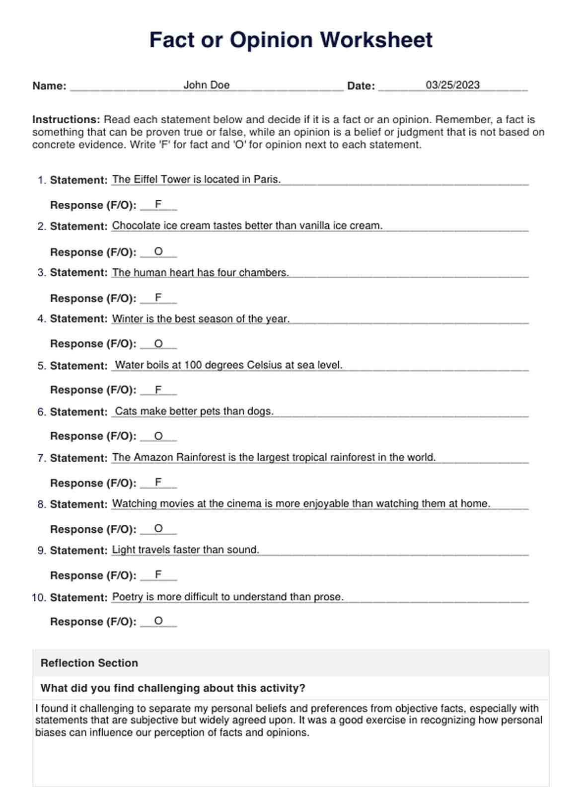 Fact or Opinion Worksheet PDF Example